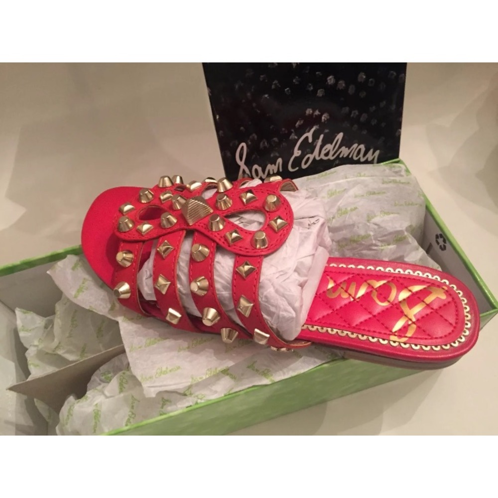 New Sam Edelman LEATHER studded slide sandals Sz 6 red - Picture 2 of 6